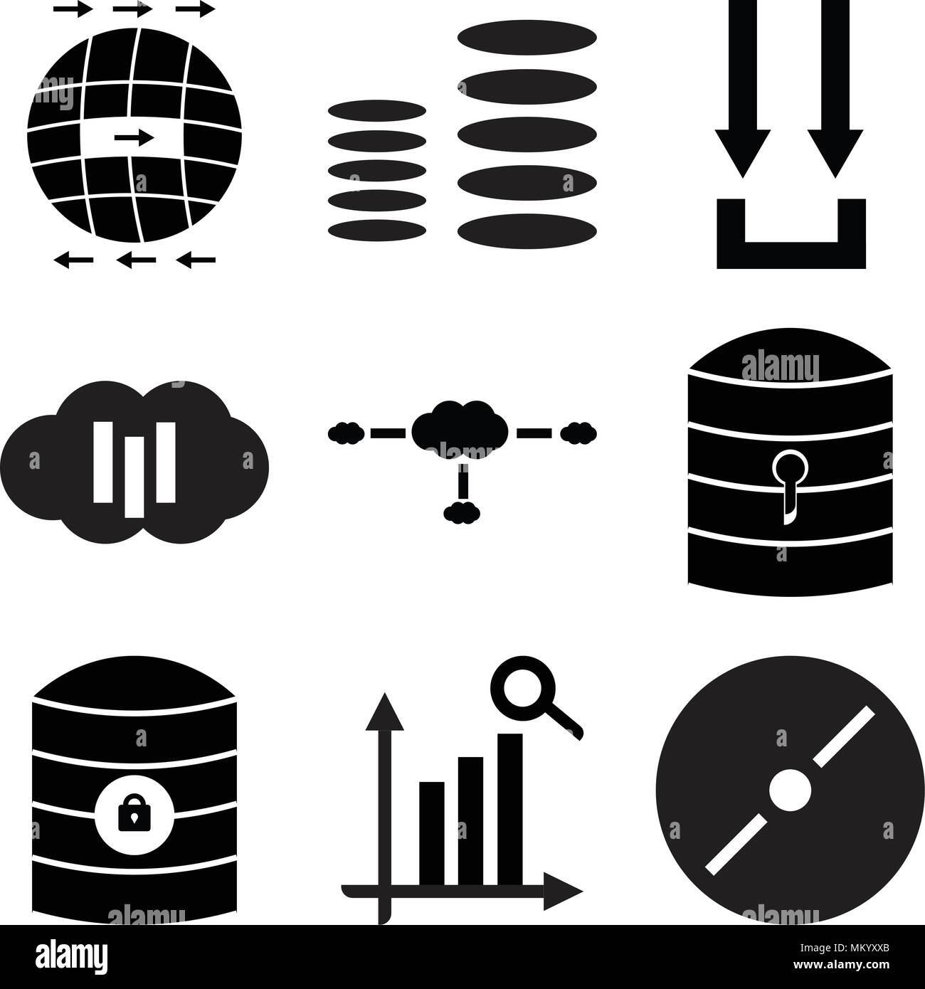 Ensemble de 9 icônes modifiable simple comme, la recherche statistique, Server, clés, Cloudes Cloude et sun, télécharger, diagramme, monde, peut être utilisé pour le mobile, Illustration de Vecteur