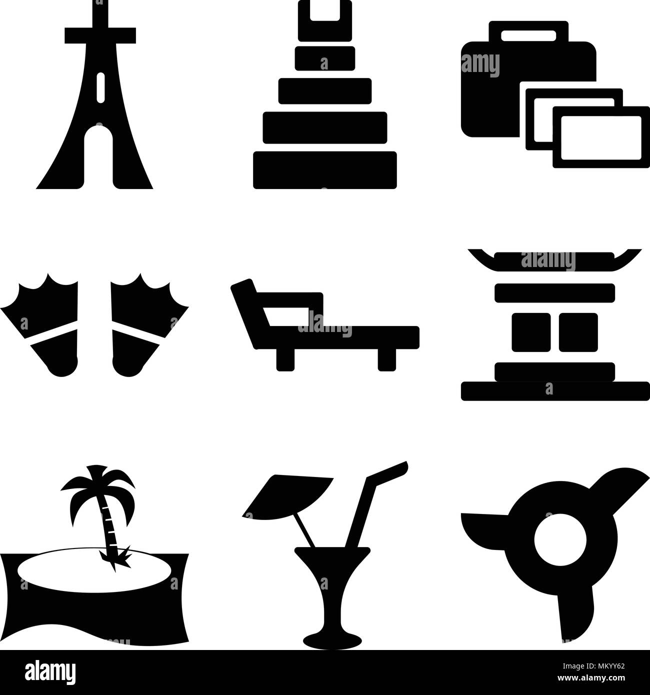 Ensemble de 9 icônes modifiable simple comme l'hélice, limonade avec Drop, palmier, temple chinois, chaise, deux palmes, valise, Teotihuacan, l'Eiff Illustration de Vecteur