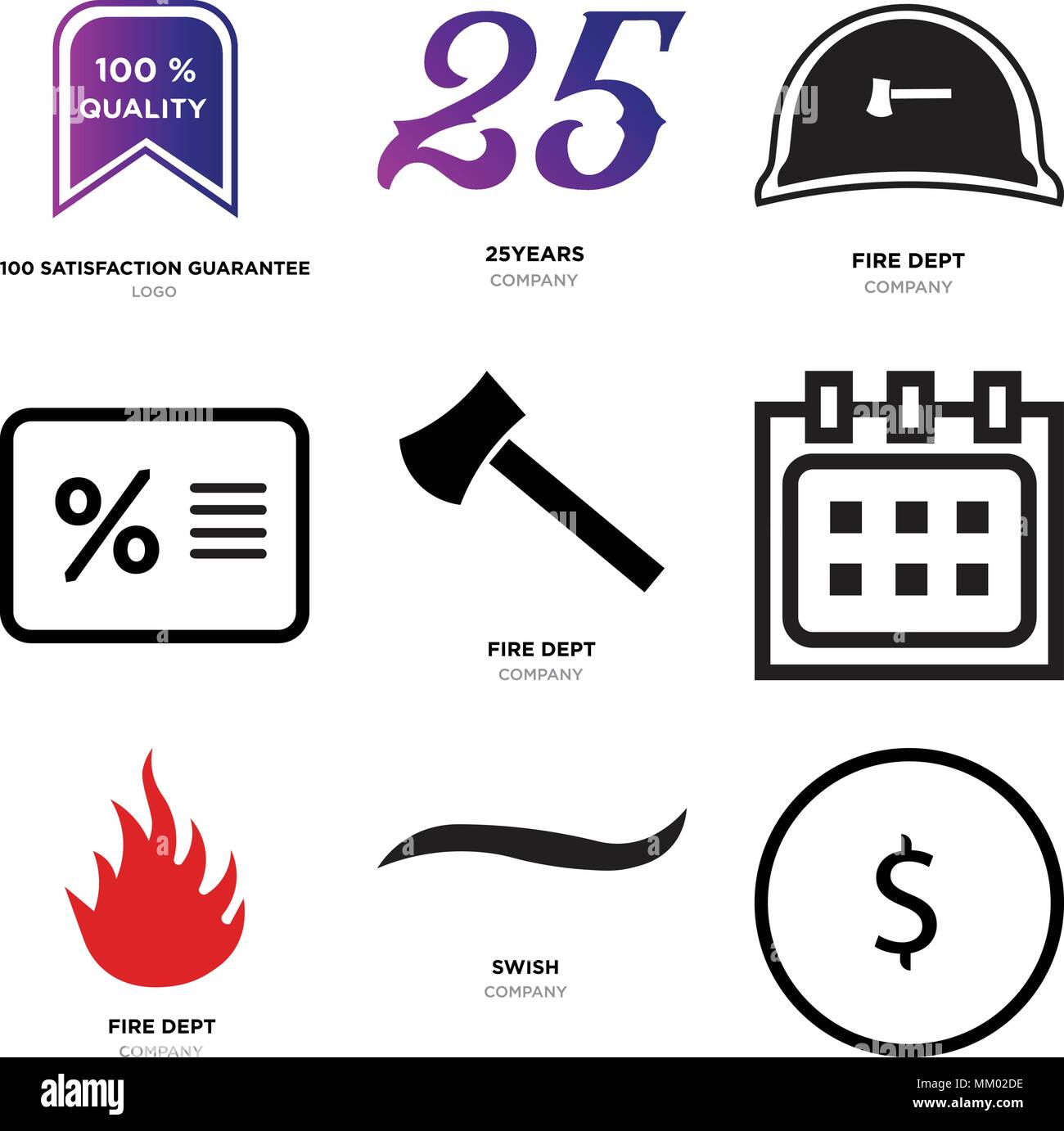Ensemble de 9 icônes modifiable simple comme le dollar, USD, noir, swish Fire Dept, calendrier, p. 100, 25ans, satisfaction garantie 100, peut être utilisé pour le mo Illustration de Vecteur