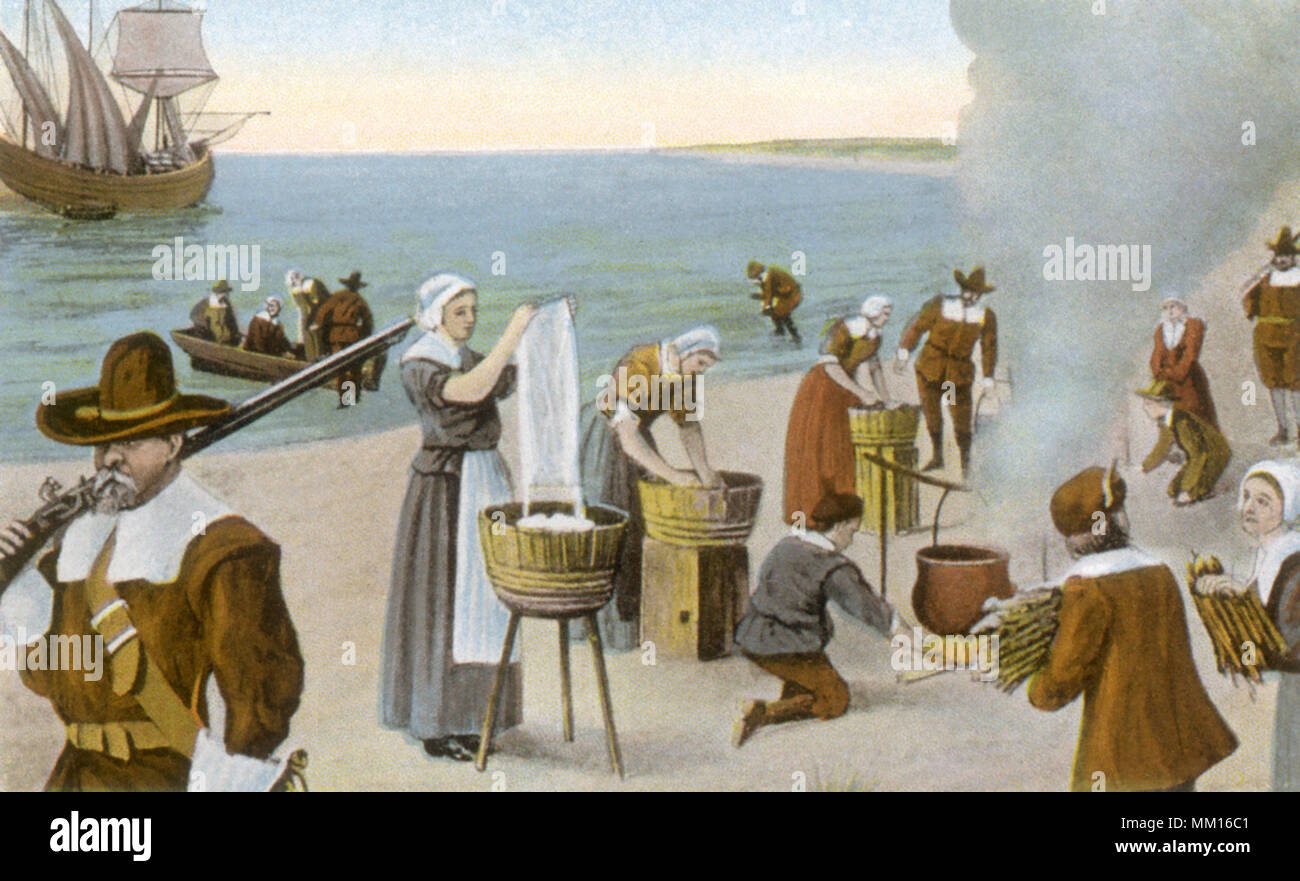 Premier jour. Laver les pèlerins Provincetown. 1620 Banque D'Images