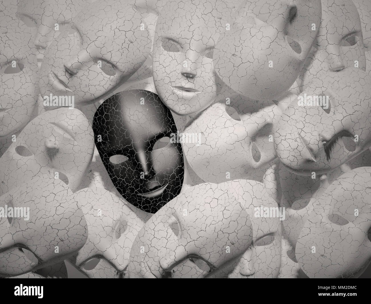 Smiling black mask entre les masques blancs, concept hypocrite, rendu 3D Banque D'Images