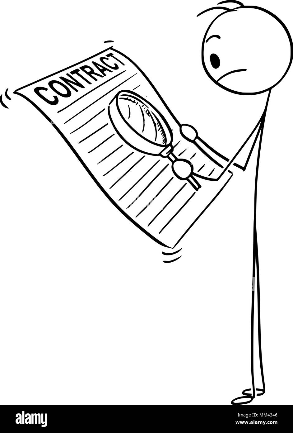 Caricature de l'homme d'affaires ou d'un contrat avec loupe de lecture Illustration de Vecteur