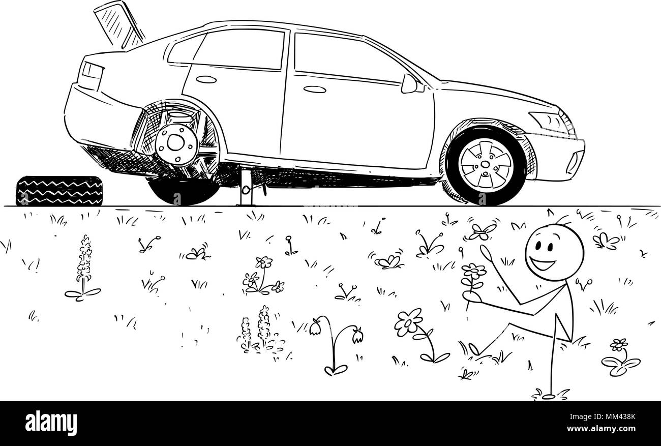 Caricature de l'homme la réparation de voiture cassée et membre fondateur de la beauté de la nature dans un fossé de la route Illustration de Vecteur