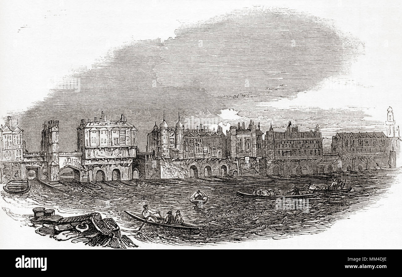 London Bridge, Londres, Angleterre, juste avant les maisons ont été démolies en 1760. À partir de la vieille Angleterre : A Pictorial Museum, publié 1847. Banque D'Images