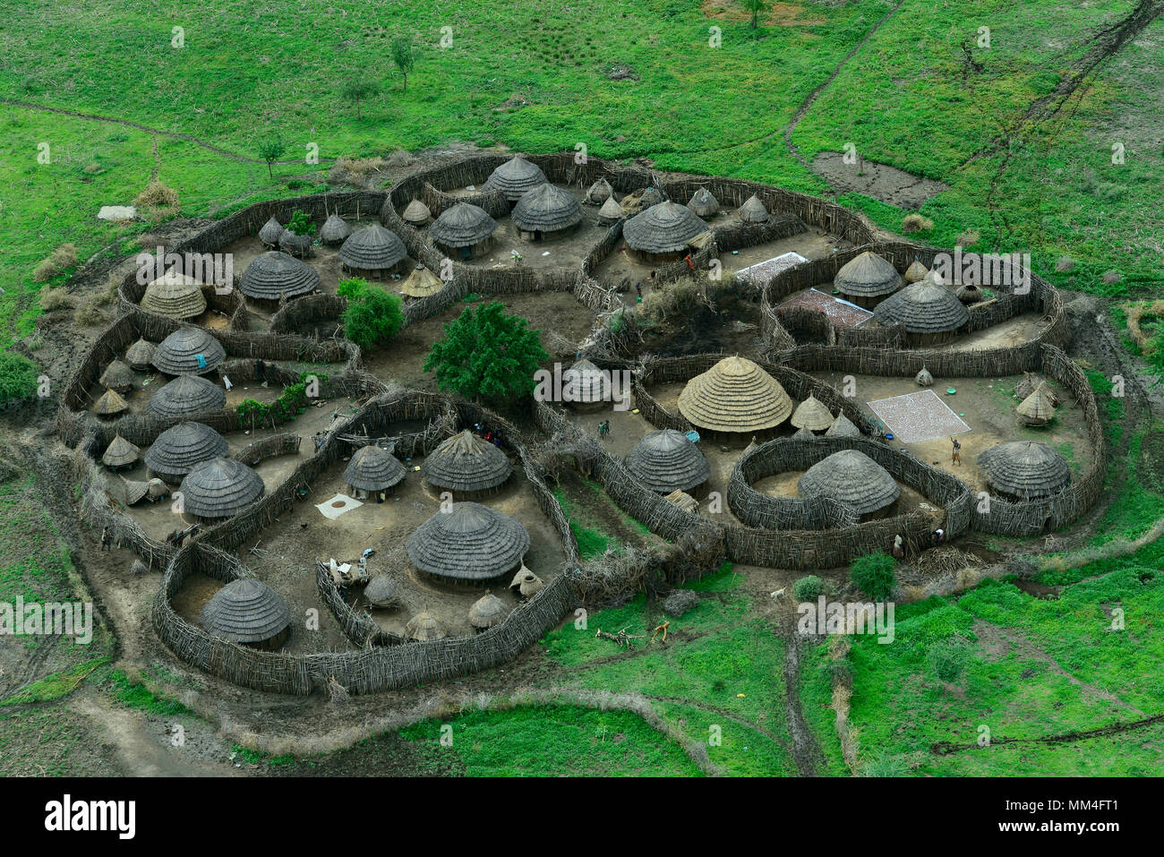 L'Ouganda, le Karamoja, Kotido, karamojong, tribu pastorale vue aérienne de logement typique d'un homestead, Manyata cluster avec abris et des bovins, l'escrime en bois est une protection contre les tribus hostiles et les bovins raiders Banque D'Images