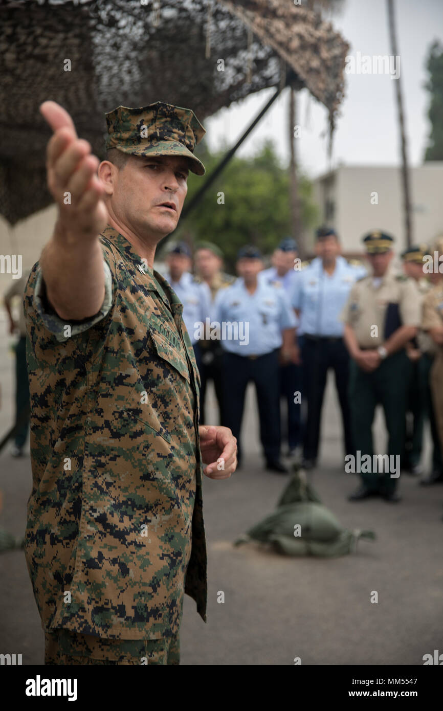 Combat Logistics Regiment 15 est une unité du 1st Marine Logistics Group, United States Marine corps, basée à Camp Pendleton, en Californie. L'image d'archive documente un exposé à l'intention des étudiants du cours d'état-major général du Collège de guerre colombien lors d'un événement statique le 6 septembre 2017, axé sur les capacités logistiques militaires américaines. Banque D'Images
