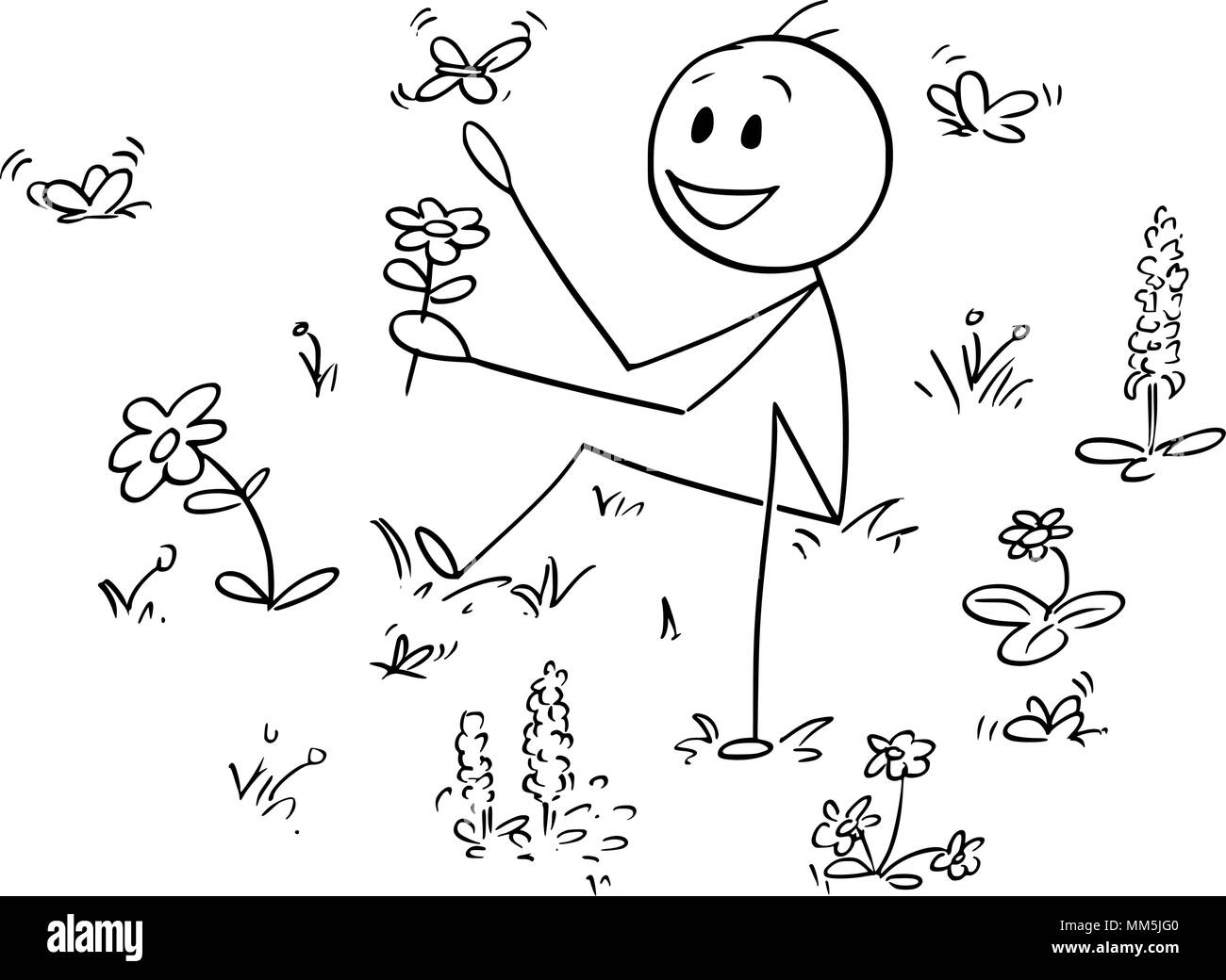 Caricature de l'homme assis entre les fleurs et les papillons et d'apprécier la beauté de la Nature Illustration de Vecteur