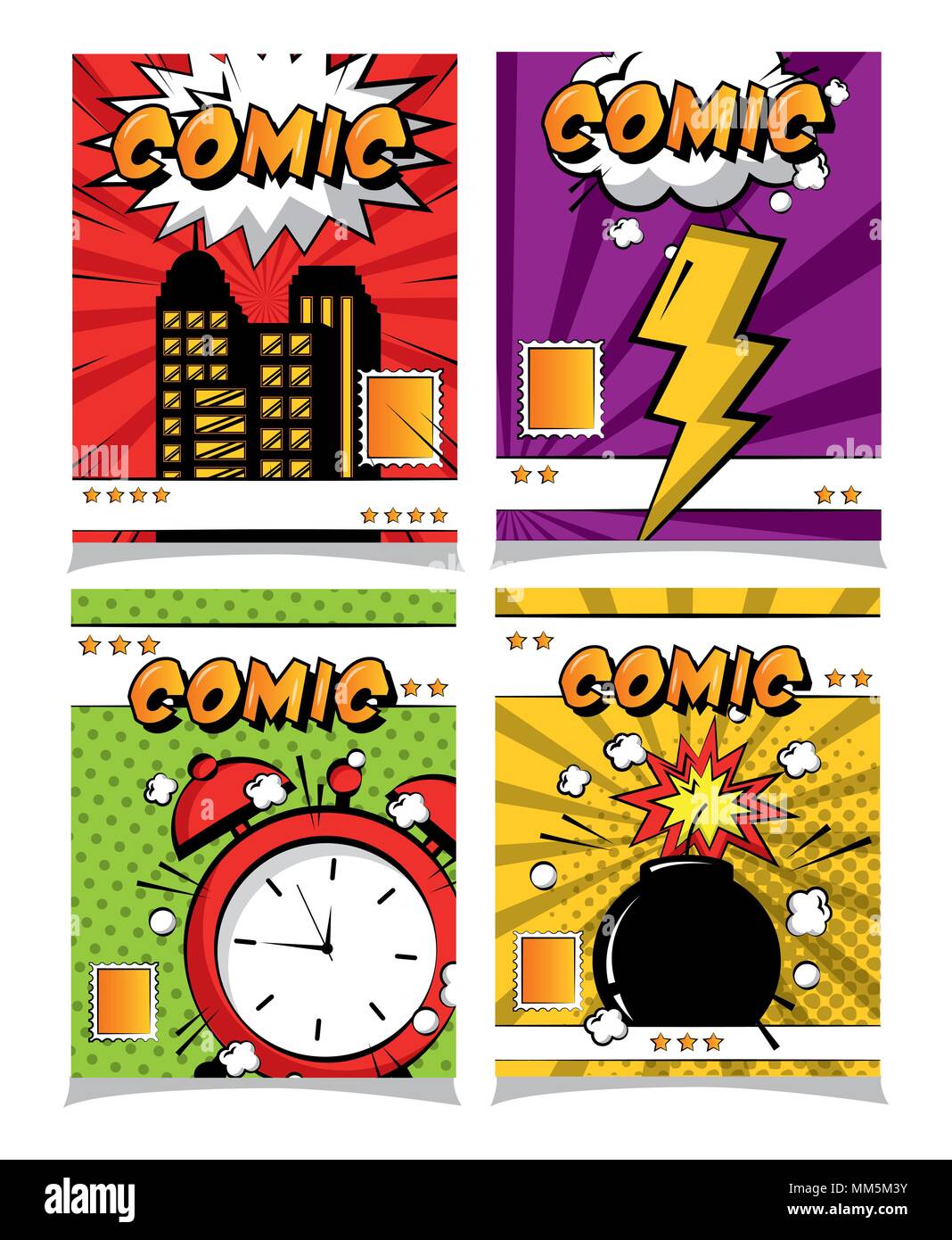 Collection pop art comic boom crash réveil card vector illustration Illustration de Vecteur