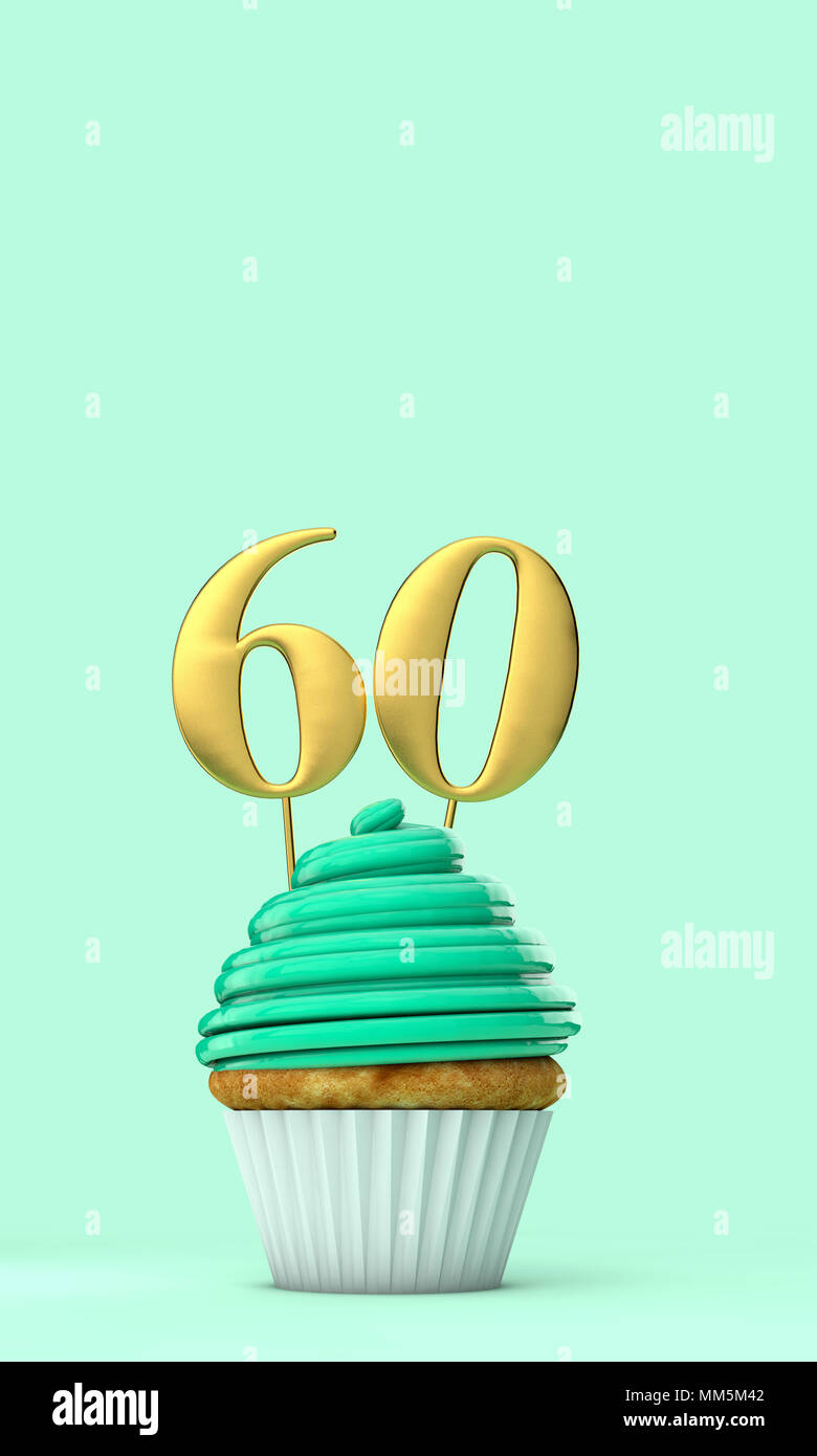 60 Numéro vert menthe célébration anniversaire cupcake. Le Rendu 3D Banque D'Images