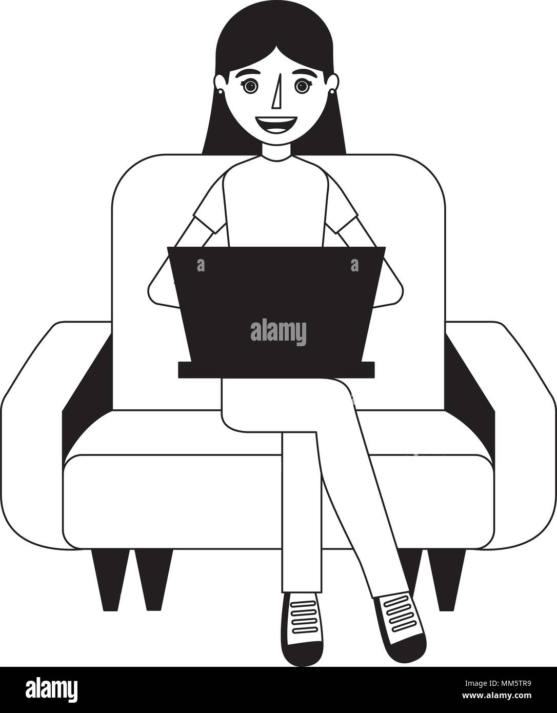 Femme assise et l'étude sur le canapé avec un ordinateur portable vector illustration Illustration de Vecteur