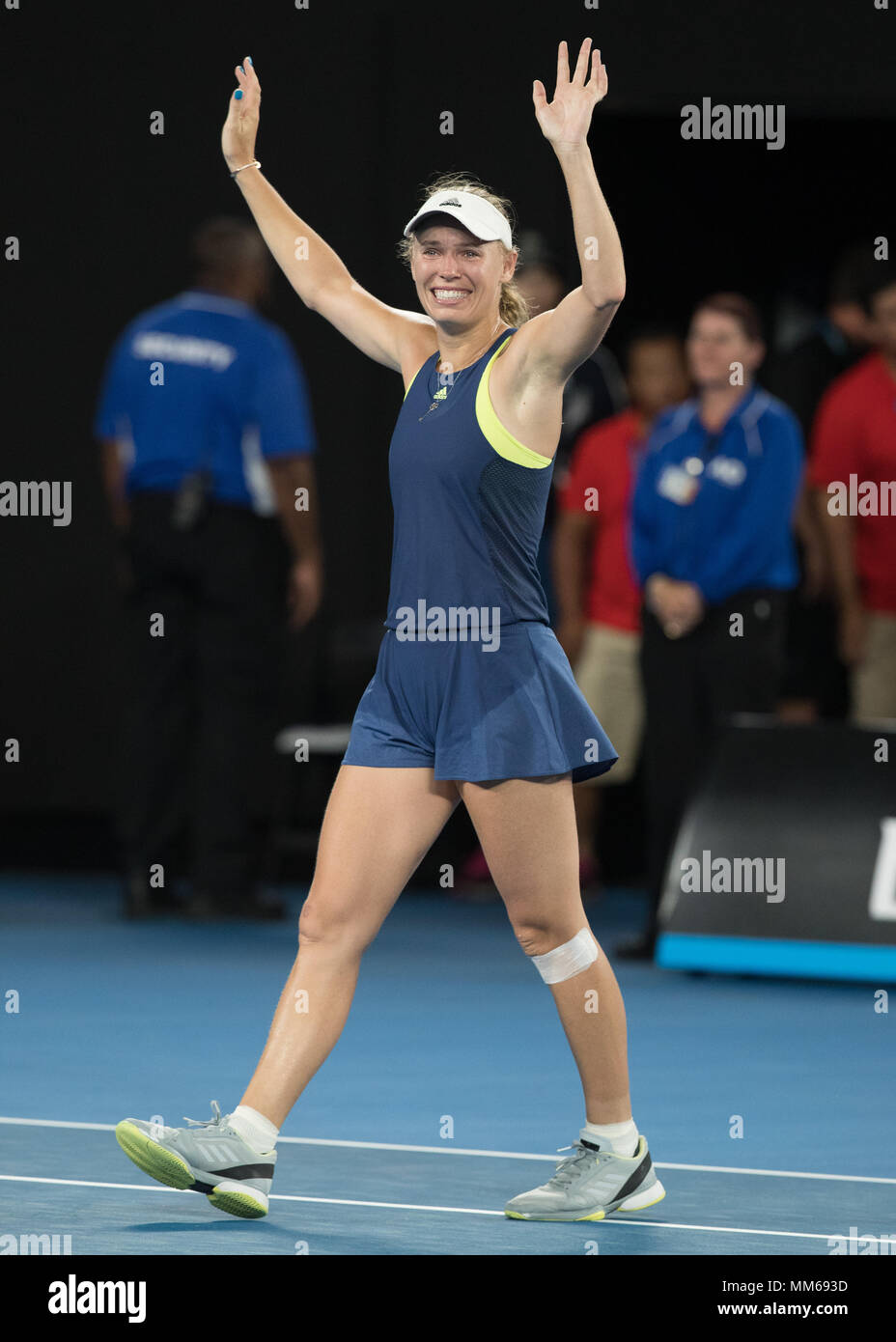 La joueuse de tennis danoise Caroline Wozniacki célébrant pendant les match de l'Open d'Australie en 2018, le tournoi de tennis de Melbourne Park, Melbourne Banque D'Images