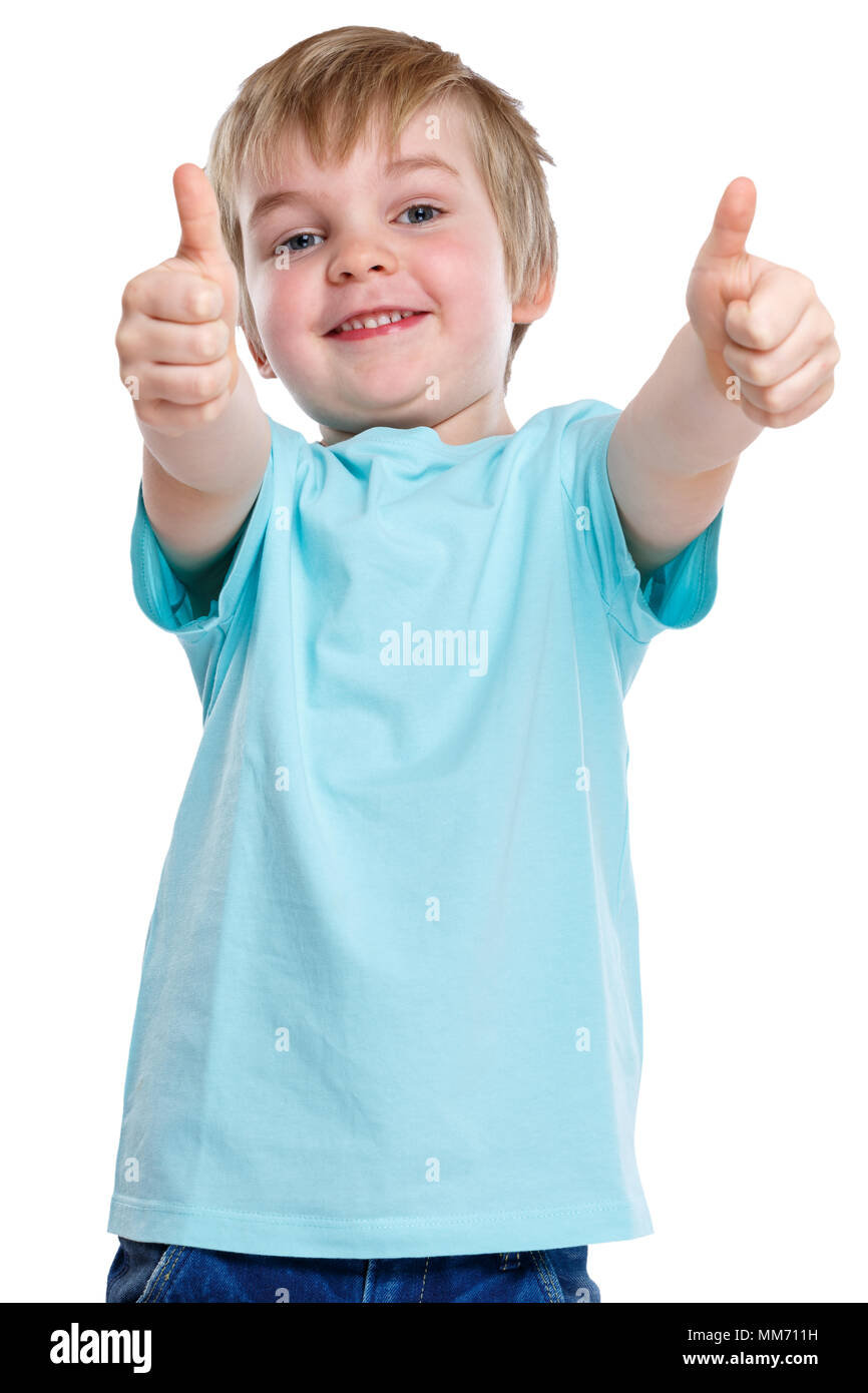 Enfant kid smiling little boy succès gagnant Thumbs up isolé sur fond blanc Banque D'Images