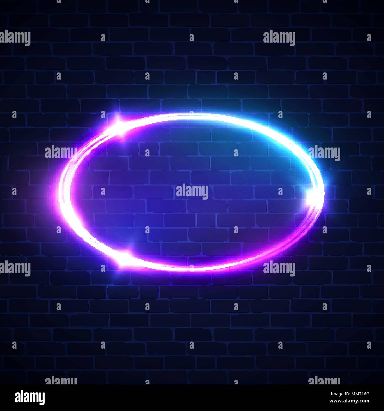 Cadre ovale rougeoyant. Night club electric signe. Forme de néons sur mur de briques sombres. La signalisation d'arrière-plan de l'ellipse. 3d neon light tube publicité banner Illustration de Vecteur
