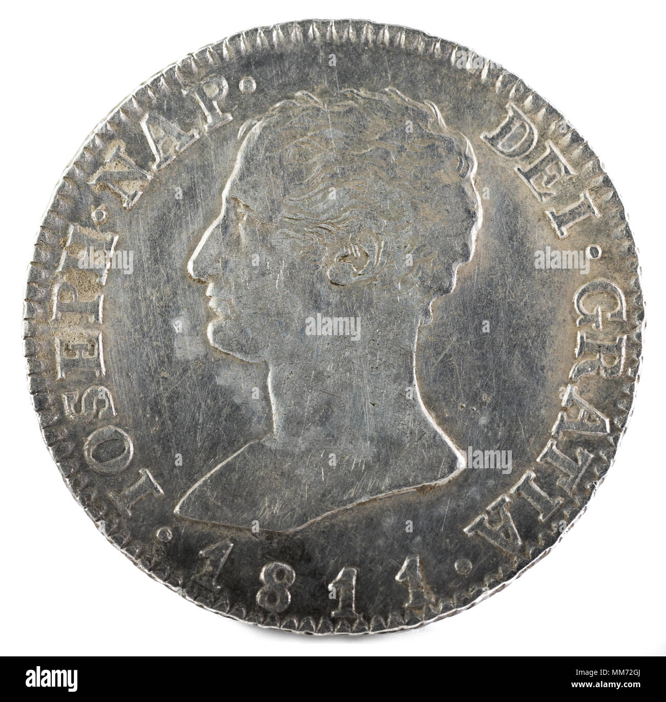 L'ancienne pièce d'argent espagnole du roi José Napoléon. 1811. Inventé à Madrid. 4 reales. Avers. Banque D'Images