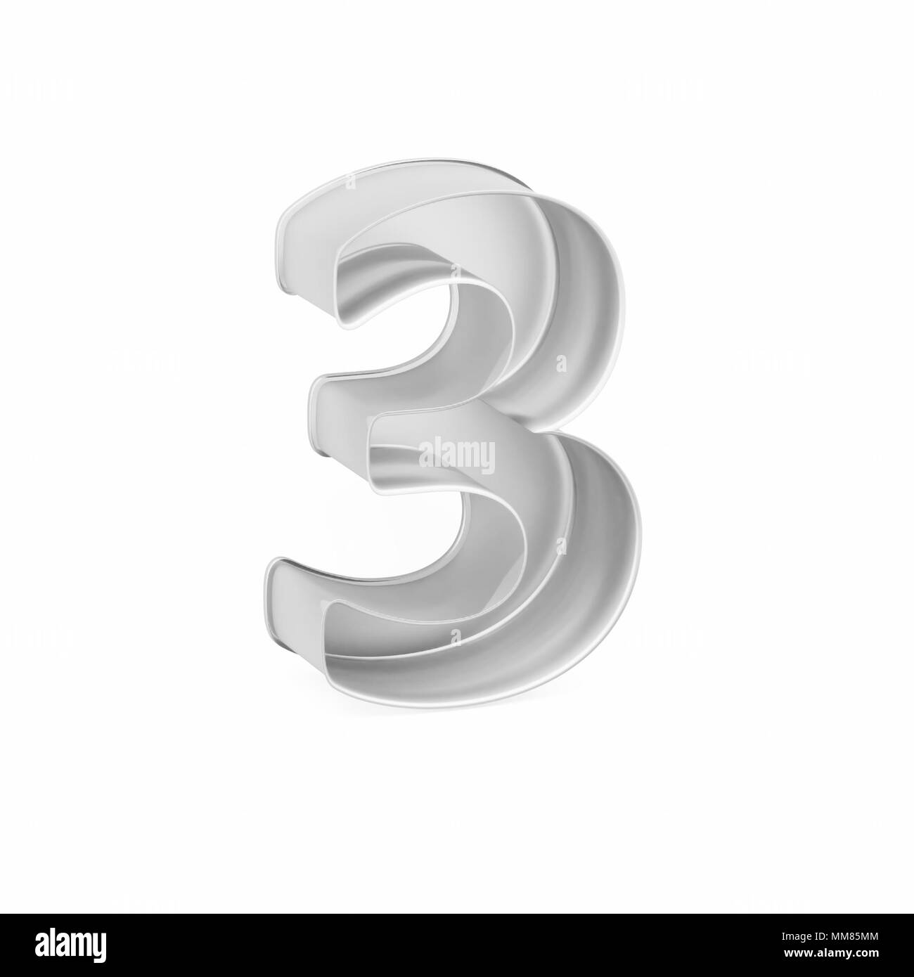Cuisson métal moule à gâteaux ou à l'emporte-pièce comme chiffre mathématique 3 sur fond blanc, l'image de la police en rendu 3D Banque D'Images