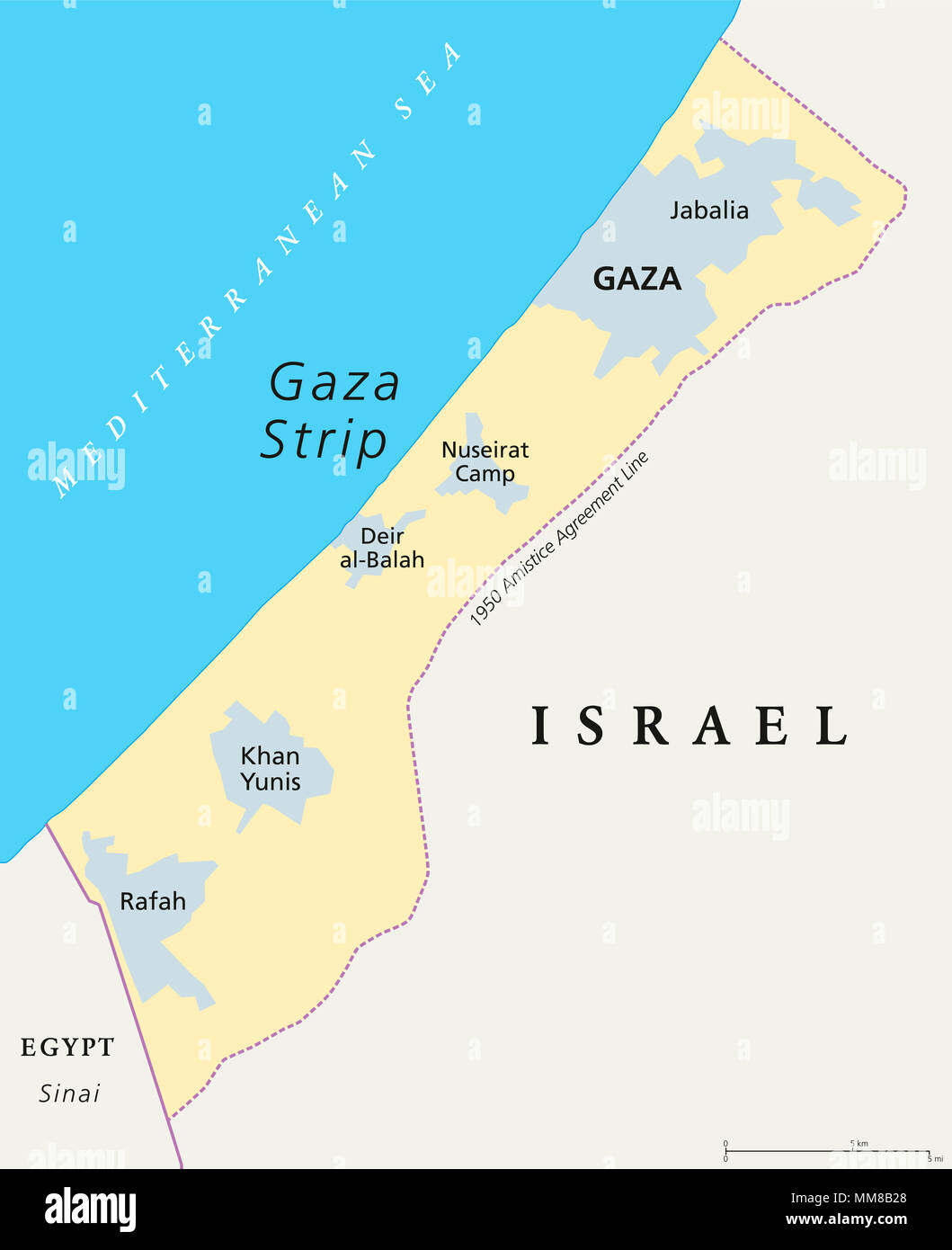 Carte politique de la bande de Gaza. Territoire palestinien autonome sur la côte de la mer Méditerranée que les frontières d'Israël et l'Égypte. Banque D'Images