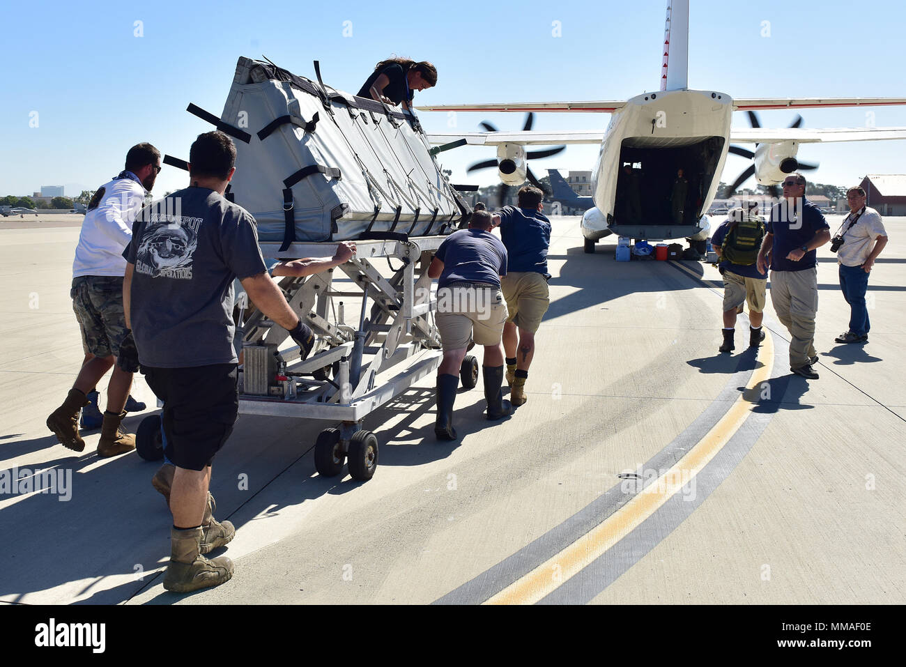 Les membres de la U.S. Navy Marine Mammal Program load dauphins à bord d'un Coast Guard Air Station Sacramento C-27J Spartan avion à l'île du nord de la base navale, à Coronado, Californie, 5 octobre 2017. Les dauphins et leurs formateurs déploient pour aider le ministère mexicain de l'environnement et des ressources naturelles dans la recherche des rares marsouins vaquita au Mexique dans la région du golfe de Californie. (U.S. Photo de la Garde côtière par Maître de 1re classe Rob Simpson/libérés) Banque D'Images