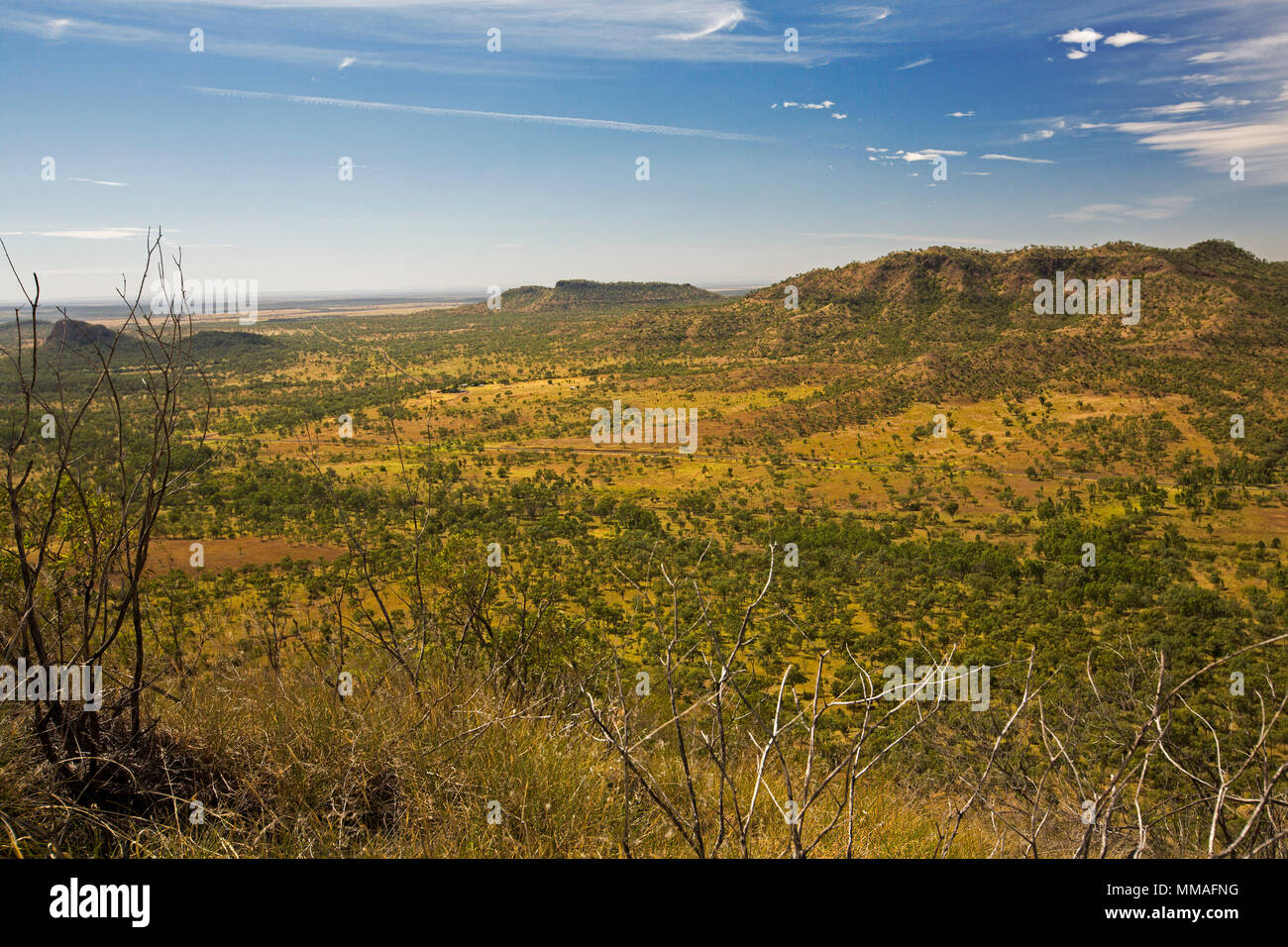 Voir de vastes étendues de paysages de l'outback et de plaines sous ciel bleu de Lookout à Minerva Hills National Park, près de Springsure Queensland Australie Banque D'Images