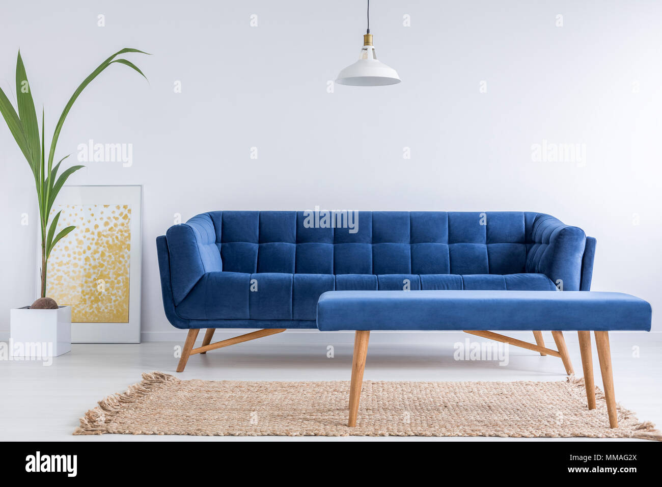 Appartement blanc avec canapé bleu, banc, tapis et plante verte Banque D'Images