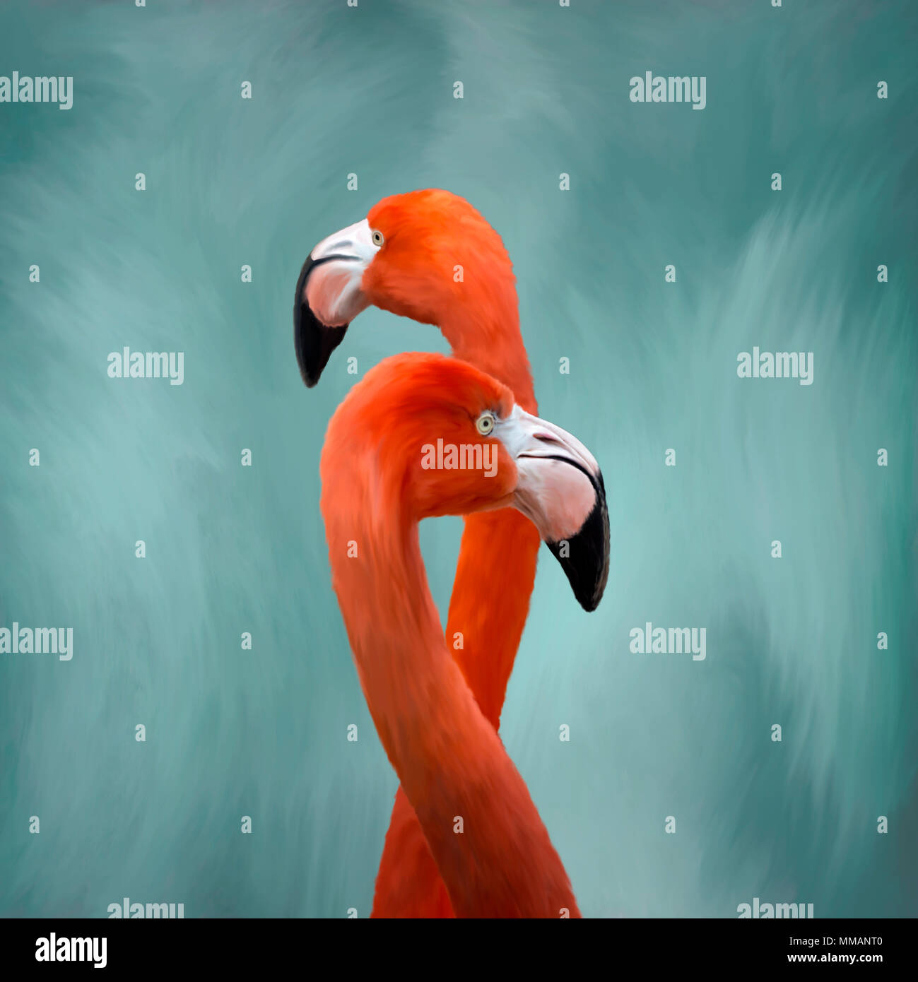 Peinture à l'huile d'oiseaux Flamingo élégant debout contre un bleu doux et fond blanc. Banque D'Images