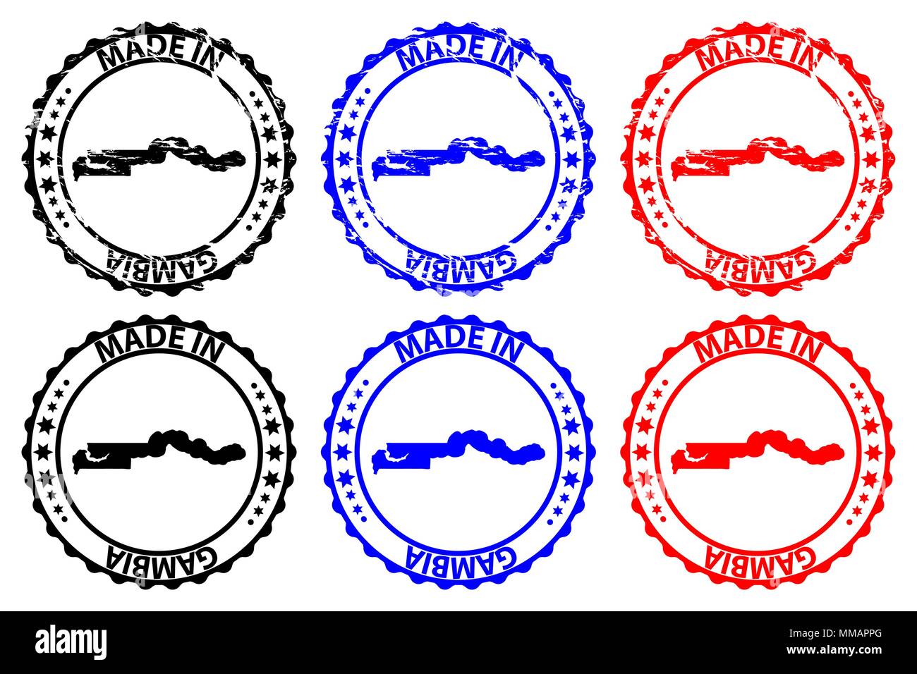 Faite en Gambie - timbres en caoutchouc - vecteur, la Gambie carte - noir, bleu et rouge Illustration de Vecteur