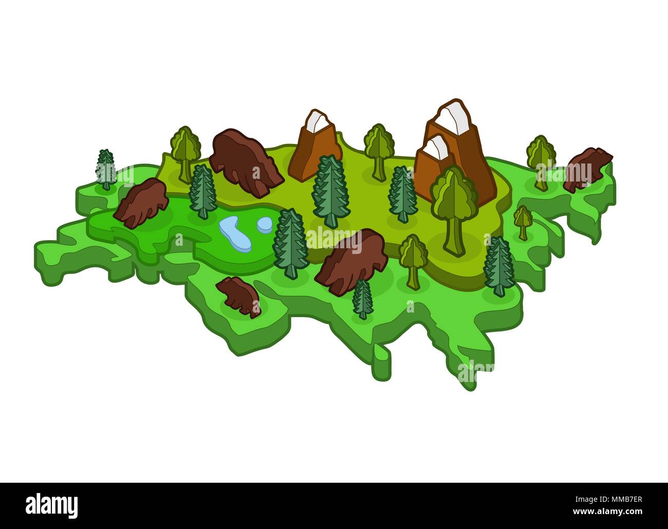 Carte isométrique de l'Eurasie et des animaux des plantes. la flore et la faune sur terre ferme. Vector Illustration de Vecteur