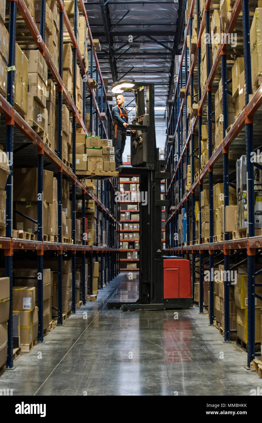 Employé de l'entrepôt de porter un harnais de sécurité tandis que opeating motorisé un stock picker dans une allée entre les grands casiers de boîtes de carton holding produit o Banque D'Images