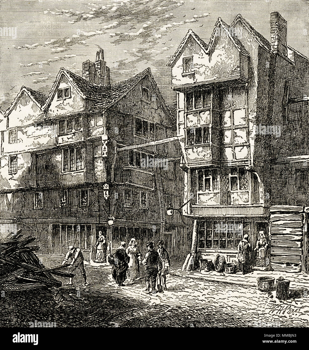 Vieilles maisons anciennement debout dans Butcher's Row, London, England, UK en 1800. 19ème siècle gravure victorienne circa 1878 Banque D'Images