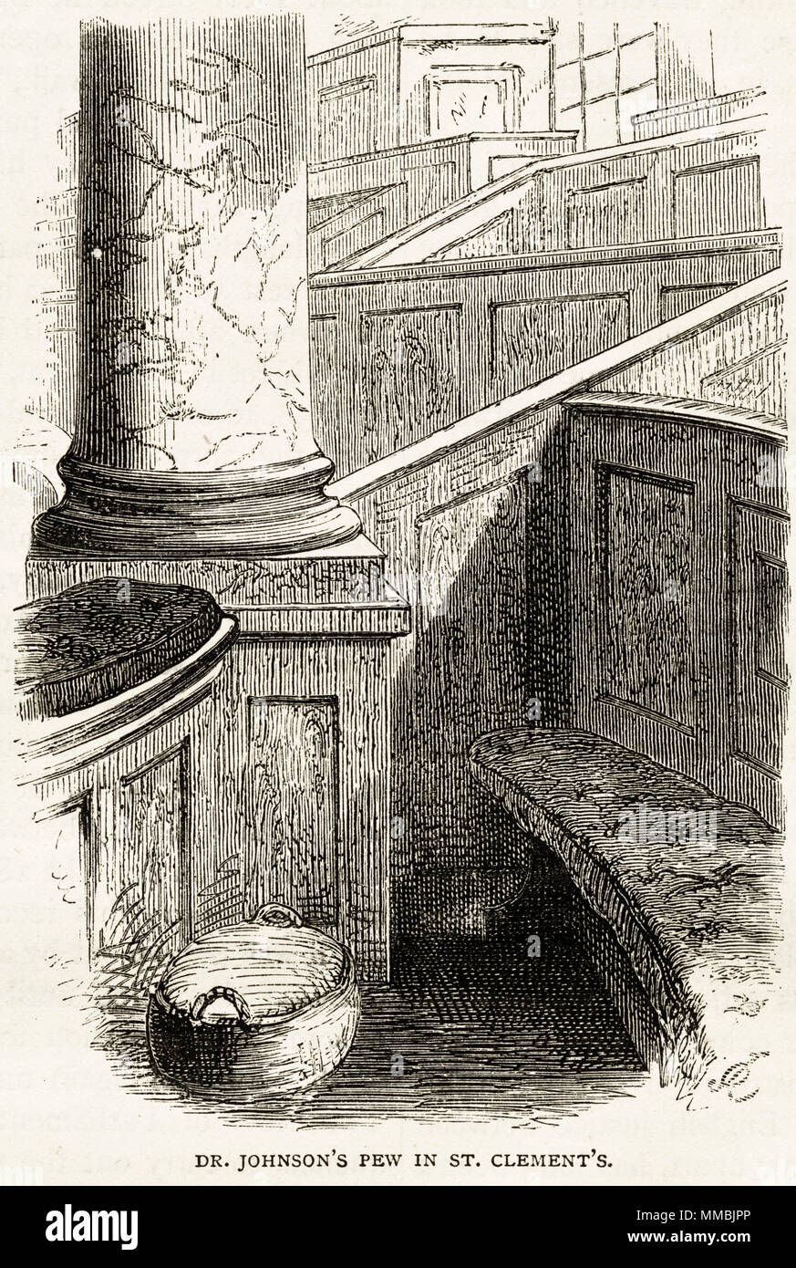 Samuel Johnson's pew à St Clement Danes Church, Westminster, London, England, UK. 19ème siècle gravure victorienne circa 1878 Banque D'Images