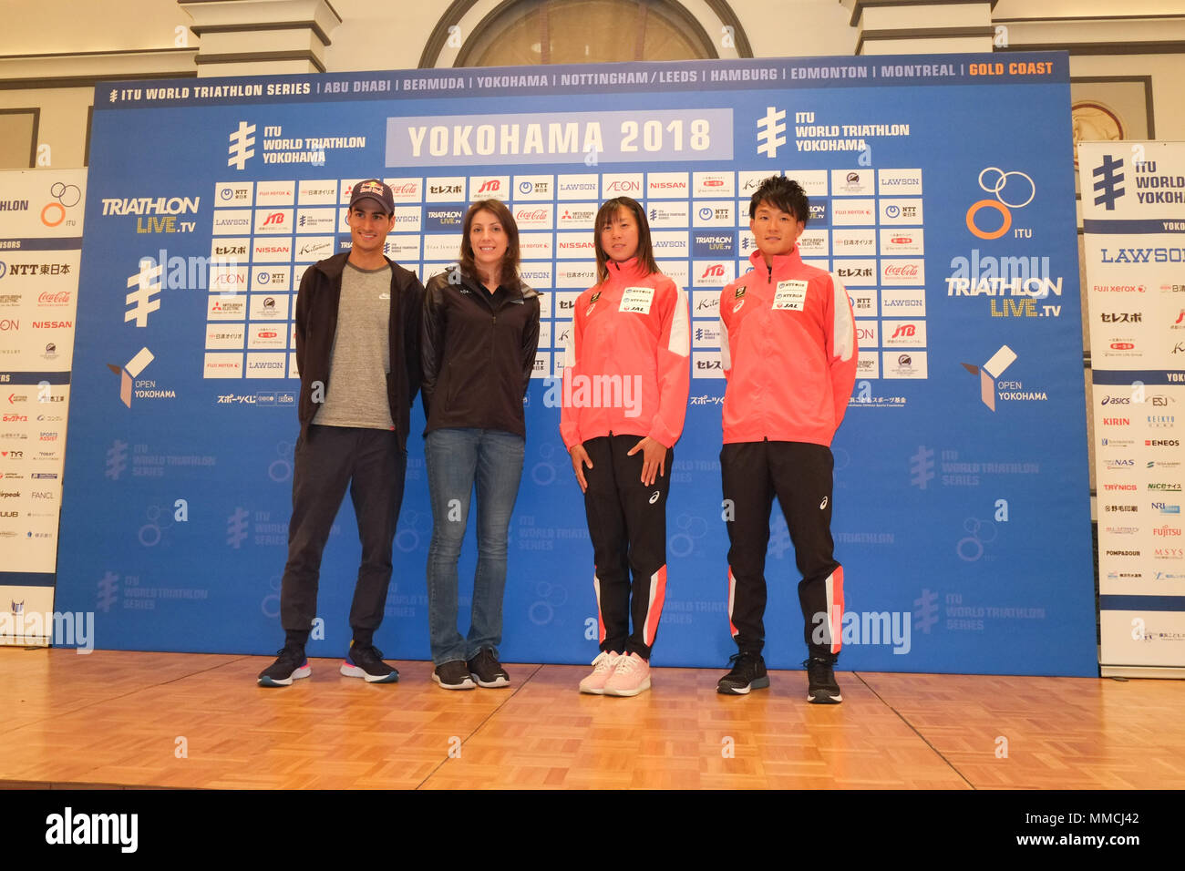 2018/05/10 Conférence de presse de Yokohama, l'ITU World Triathlon Yokohama lors de la Monterey Hotel. Mario Mola ESP, Kirsten Kasper USA, Yuka Sato Jpn, Jumpei, Furuya jpn (photos par Michael Steinebach/AFLO) Banque D'Images