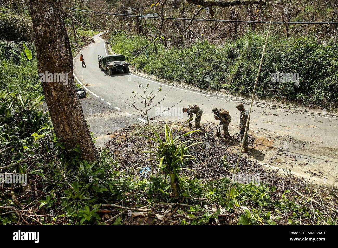 Marines des États-Unis avec l'Équipe de débarquement du bataillon du 2e Bataillon, 6e Régiment de Marines, 26e Marine Expeditionary Unit (MEU), et le détachement 1, à l'atterrissage, la Compagnie de soutien logistique de combat Regiment 45, 4e Groupe Logistique Maritime, pelle les débris d'une route au cours des opérations de déminage des routes à Ponce, Porto Rico, le 9 octobre 2017. La 26e MEU, de concert avec les autorités locales et les autres services du Ministère de la Défense, soutient l'organisme fédéral, l'Agence fédérale de gestion des urgences, en fournissant des secours d'ouragan pour Porto Rico. (U.S. Marine Corps photo par Lance Cpl. Tojyea G. Matally) Banque D'Images