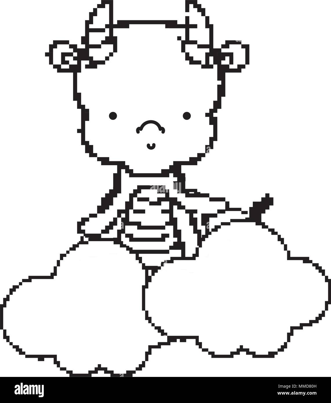 Pixel ligne cute dragon avec des ailes dans les nuages Illustration de Vecteur