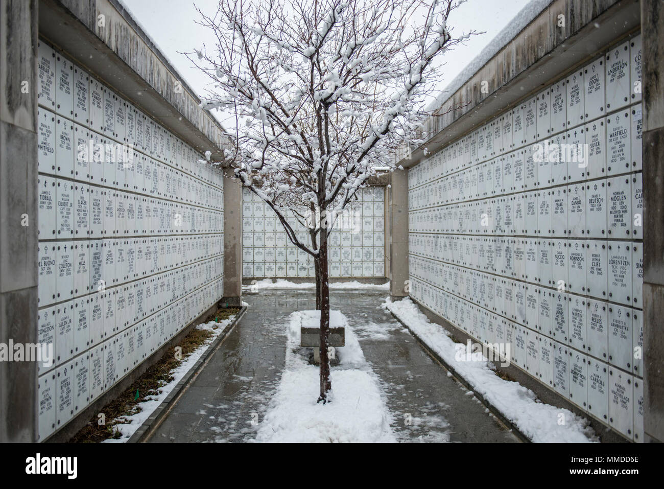 Chutes de neige dans la cour 9 columbarium du cimetière national d'Arlington, Arlington, Virginie, le 21 mars 2018. C'était le deuxième jour de printemps, quand une tempête de neige a frappé la région de la capitale nationale. (U.S. Army Banque D'Images