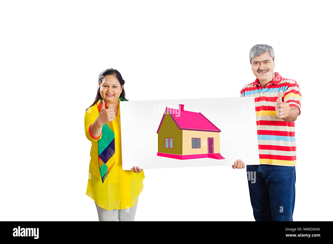 Deux vieux couple Holding Board Dimensions accueil Thumbs-up succès Immobilier Banque D'Images