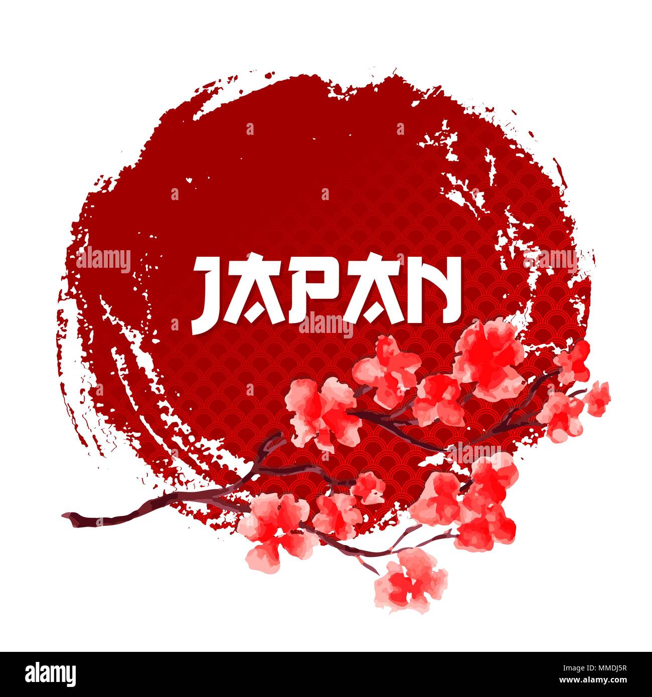 Sakura sur soleil rouge Arrière-plan. Le Japon Cercle rouge Modèle signe isolé. Logo ou symbole traditionnel japonais. Illustration vecteur asiatique créative. Illustration de Vecteur