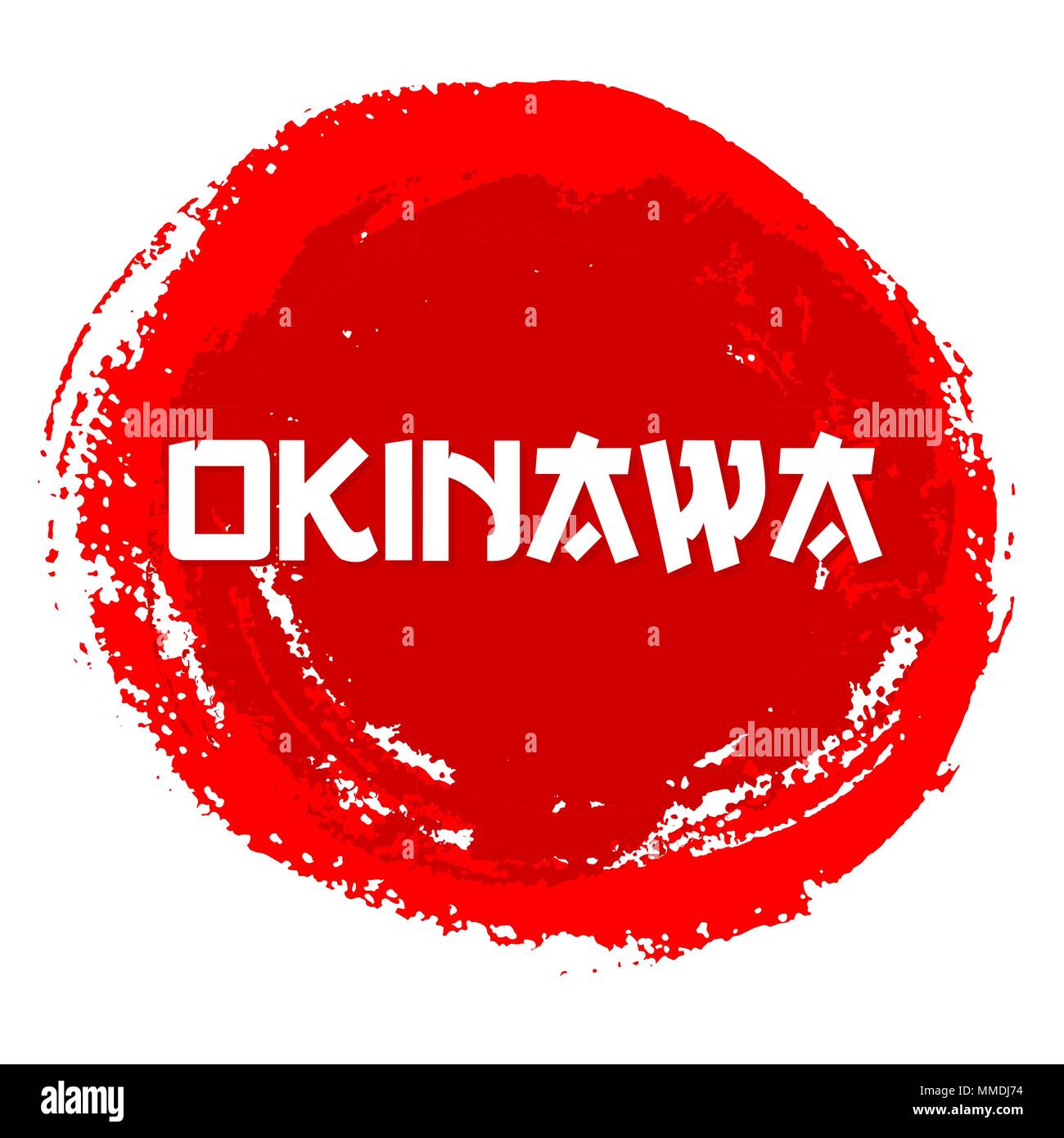 L'Okinawa signe rouge vecteur. Cercle rouge Grunge Stamp isolé sur fond blanc. L'encre de Chine ou à texture en caoutchouc symbole de soleil Illustration. Illustration de Vecteur