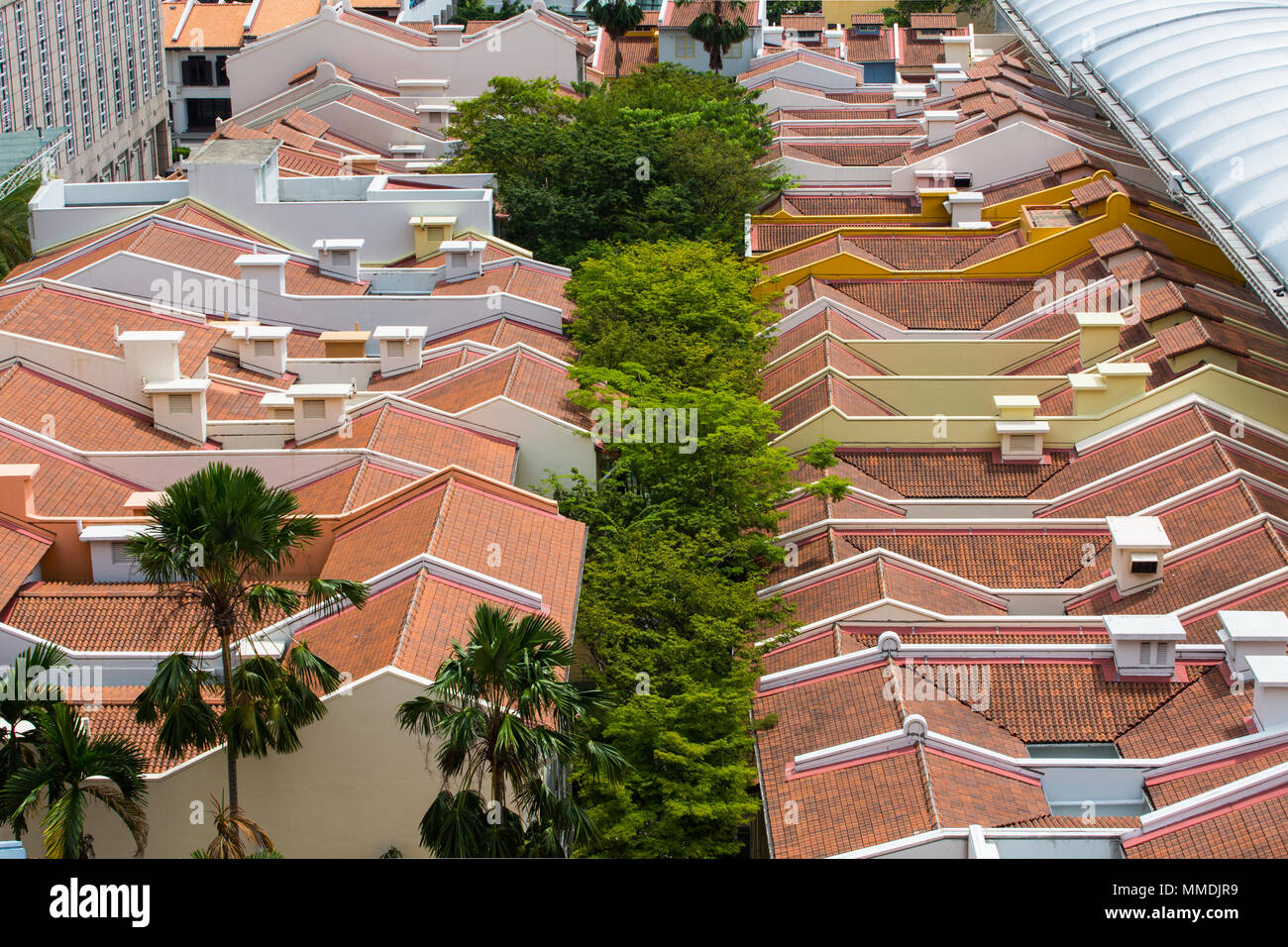 Vue aérienne conception urbaine d'arbres plantés entre les shophouses à Singapour. Banque D'Images