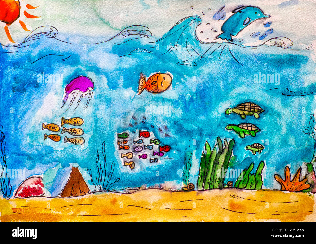 La vie de la mer. La couleur de l'eau enfant dessin à la main Photo Stock -  Alamy