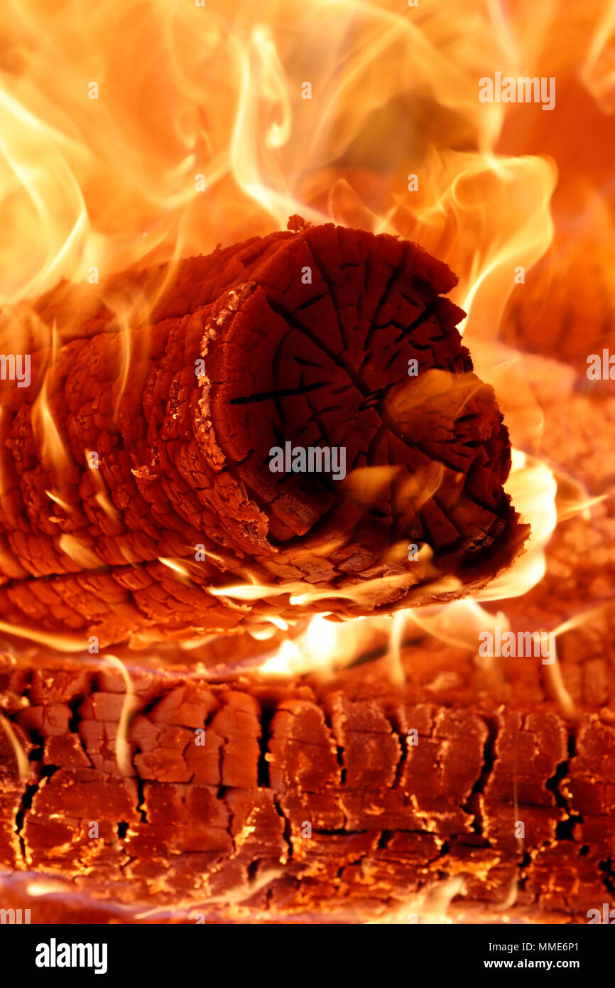 Close-up de la combustion du bois de chauffage. Fils du bac. Le Vietnam. Banque D'Images