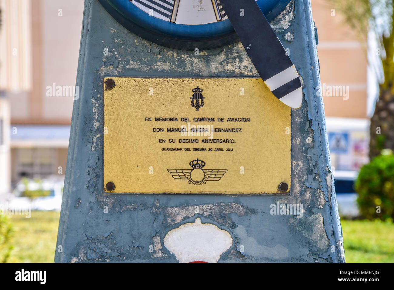 Mémorial pour le capitaine Manuel Rivera Hernandez de Spanish Air Force tué dans l'écrasement de Northrop F-5 Tiger II de l'extension 23. Guardamar del Segura Banque D'Images