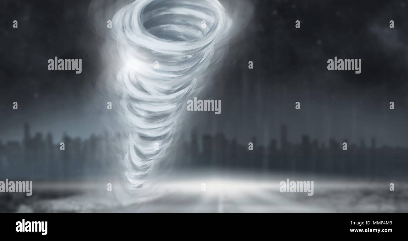 Tornado twister peinte et dark city sky Banque D'Images