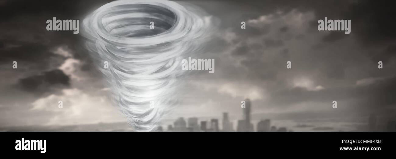 Tornado twister peinte et dark city sky Banque D'Images
