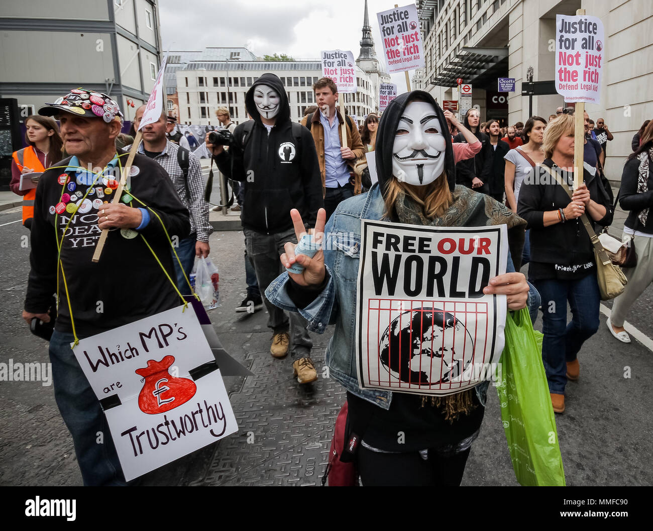 Protestation à l'appui de l'aide juridictionnelle par UK Uncut mouvement campagne. Londres, Royaume-Uni. Banque D'Images