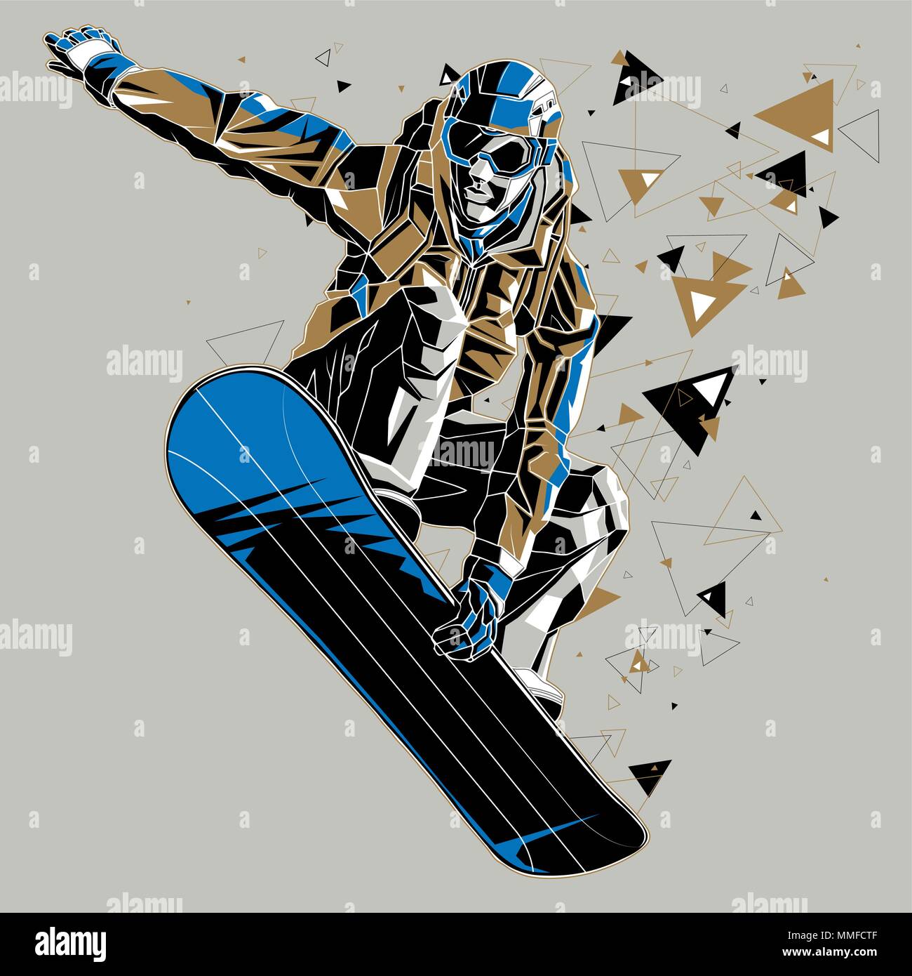 Planche à neige avec une piste graphique. Vector illustration d'un snowboarder jumping, isolé sur fond gris. Illustration de Vecteur