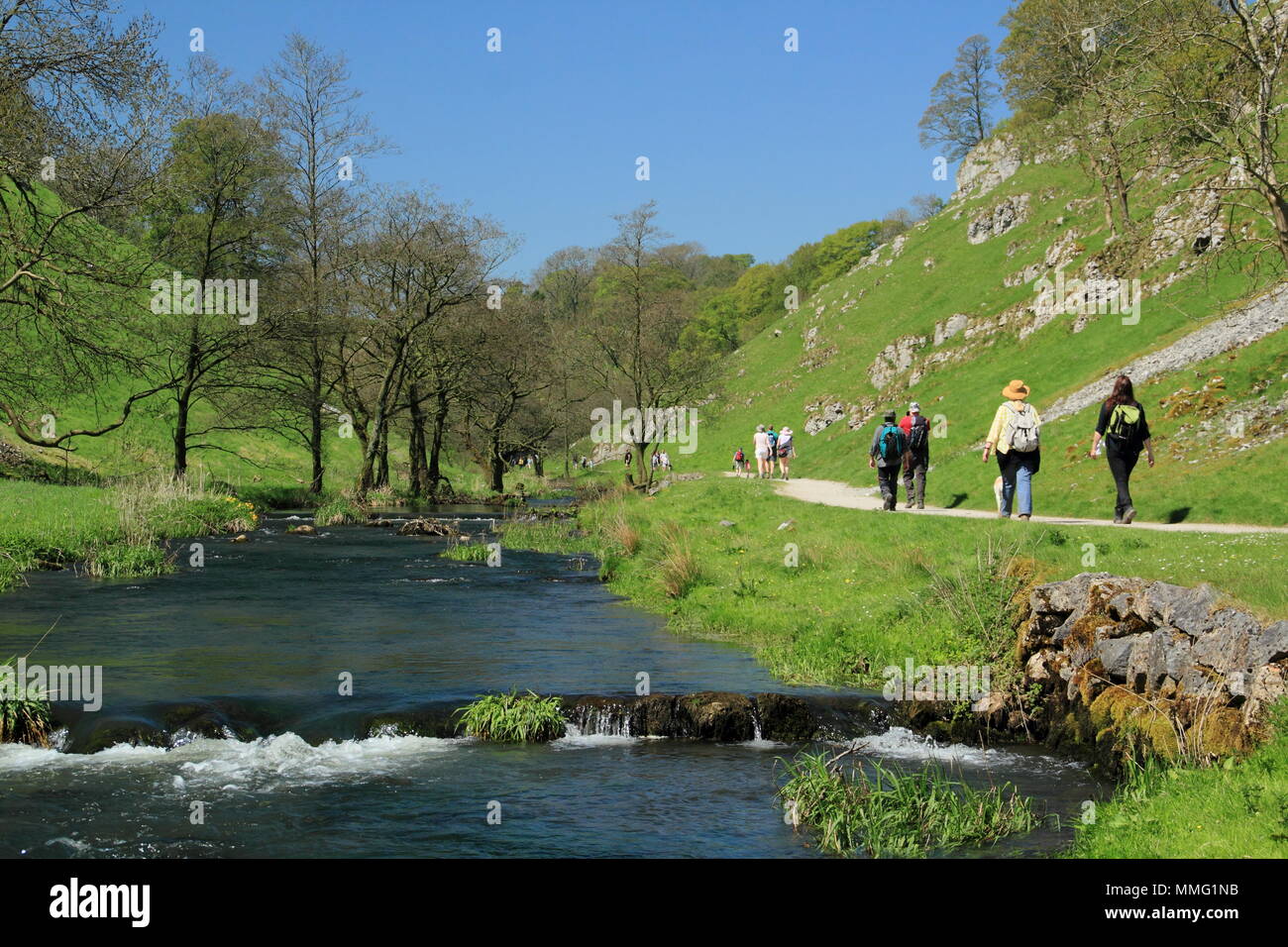 Les promeneurs sur sentier public par la rivière Dove dans Wolfscote Dale, Peak District sur une belle journée de printemps (mai), Derbyshire, Angleterre, RU Banque D'Images
