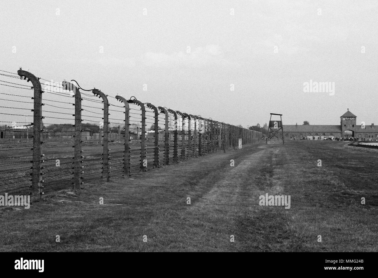 AUSCHWITZ, Pologne, le 12 octobre 2013 : clôture et de guet au camp de concentration d'Auschwitz Birkenau KZ, la photographie noir et blanc avec le bruit d'image effet, Pologne Banque D'Images
