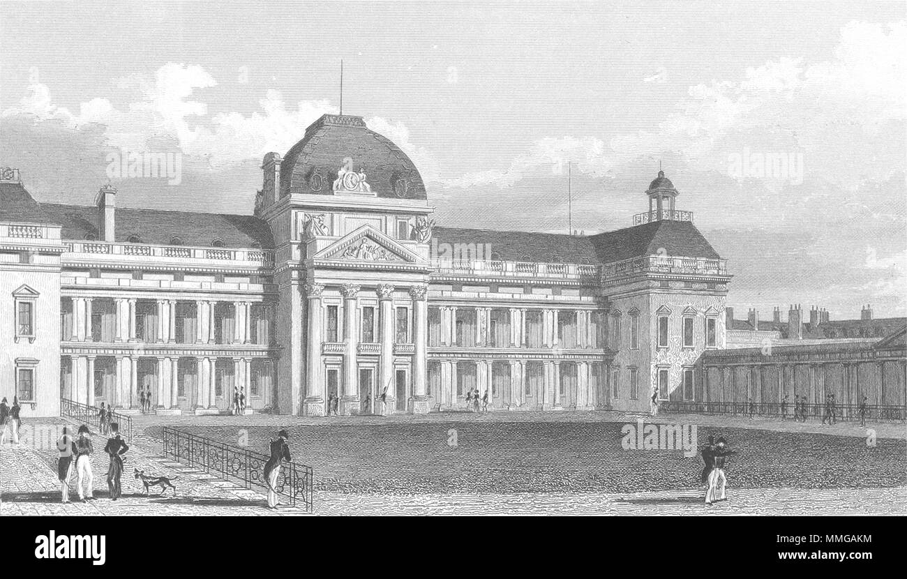 PARIS. L'Ecole Militaire, façade sud. Chien militaire 1834 ancienne imprimer Banque D'Images