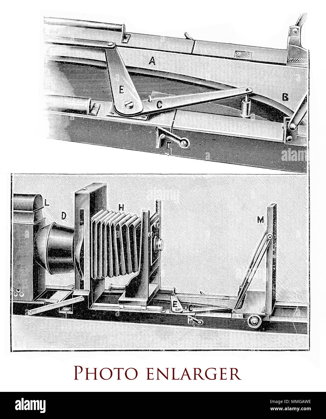 Équipements Photgraphy, agrandisseur photo, gravure DU XIXE SIÈCLE Banque D'Images