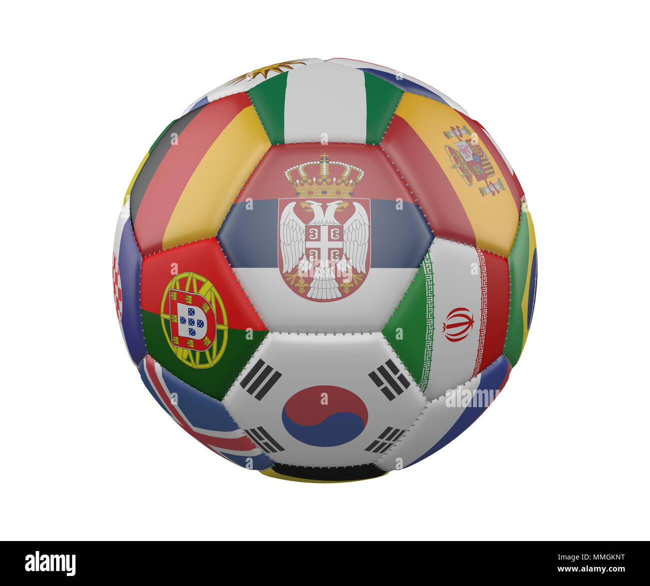 Ballon de soccer avec des drapeaux isolé sur fond blanc, la Serbie dans le centre, 3D Rendering Banque D'Images