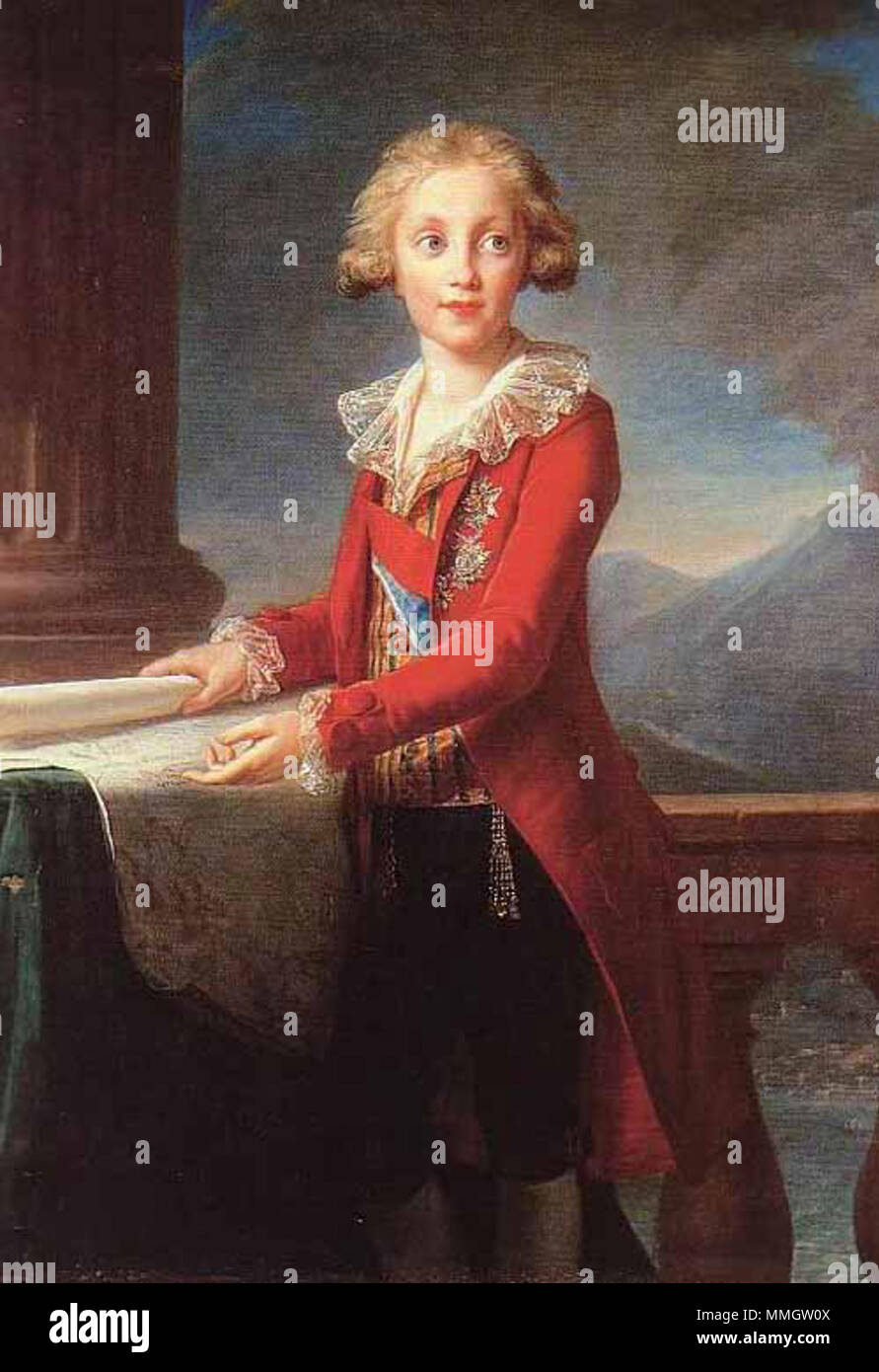 . Francesco di Borbone (1777-1830) était le fils de Ferdinand IV, roi de Naples et de la reine Marie Caroline d'Autriche, sœur de Marie-Antoinette. Francesco est devenu roi de Naples en 1825. Sa fille aînée était le firey Duchesse de Berry (1798-1870) peint en 1828. En 1790 à la demande de la Reine, Vigée le Brun a convenu de retarder son départ de Naples afin de peindre le Prince Francesco et ses trois sœurs Maria Theresa (bientôt l'Impératrice d'Autriche), Maria Luisa (plus tard, la grande-duchesse de Toscane) et Maria Christina (plus tard la reine de Sardaigne). Francesco I di Borbone. 1790. Francesco I v Banque D'Images